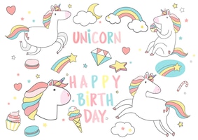 Happy birthday unicorn with magic elements card vector