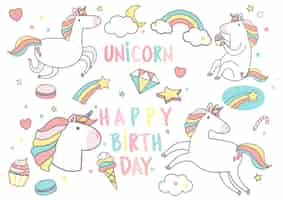 Vettore gratuito buon compleanno unicorno con elementi magici carta vettoriale