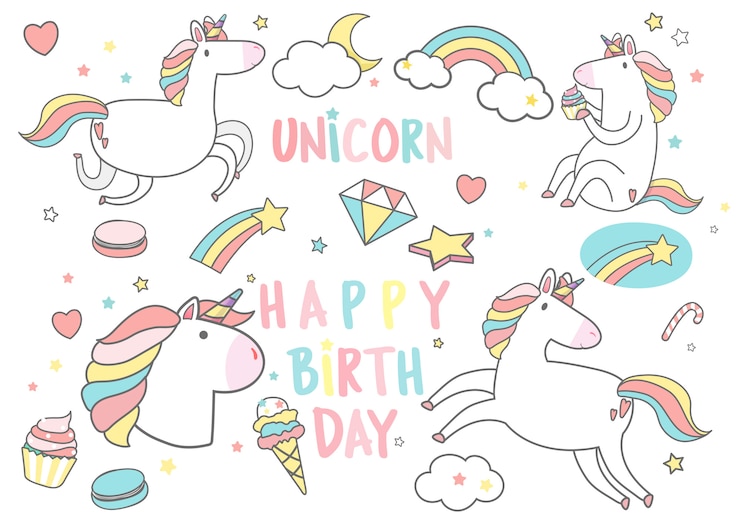 Free Vector happy birthday unicorn with magic elements card vector