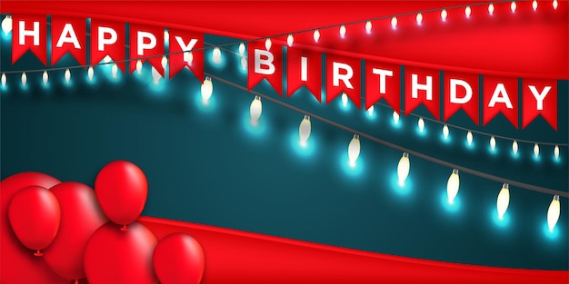 С днем рождения векторный дизайн с лампой и воздушным шаром для вечеринки и празднования