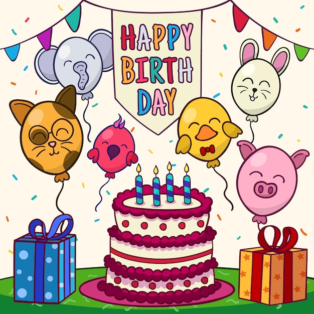 Free Vector happy birthday with balloon animals and cake