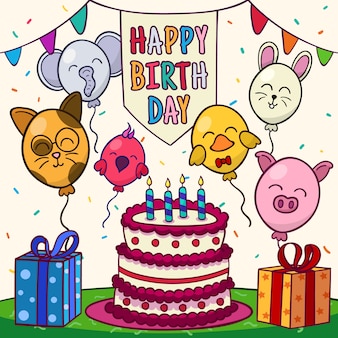 Buon compleanno con palloncini animali e torta