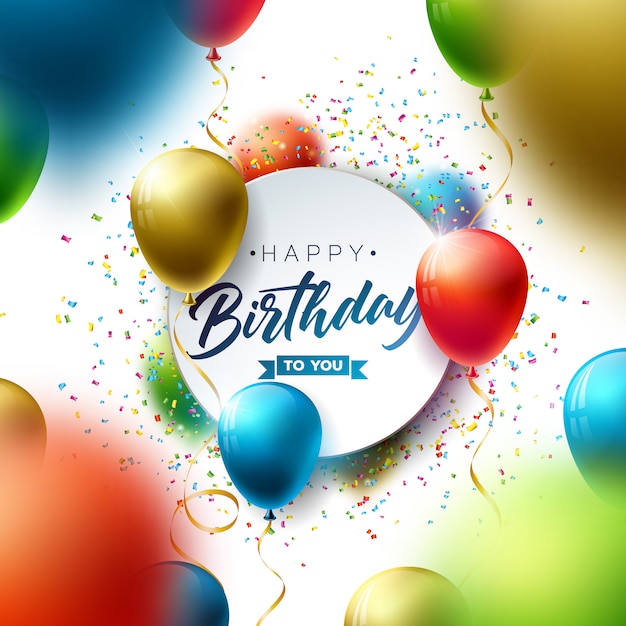 Free vector happy birthday with balloon, typography and falling confetti.