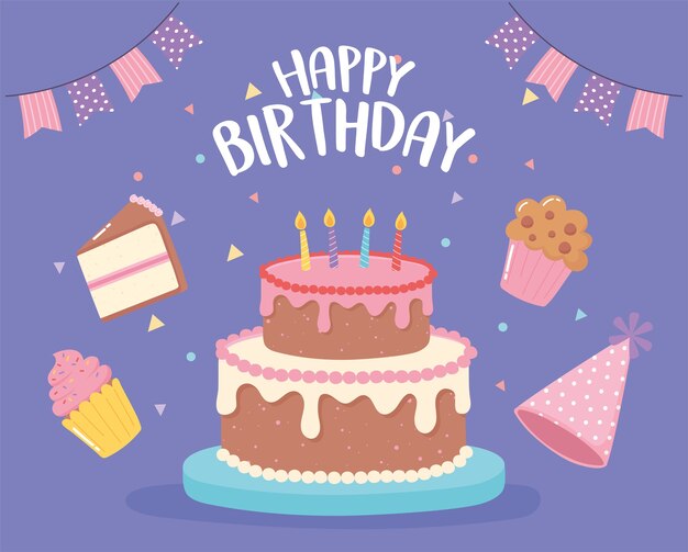 カラフルな風船ガーランド招待カードコーン帽子プレゼントボックスイラストでリアルな誕生日パーティーの構成 プレミアムベクター