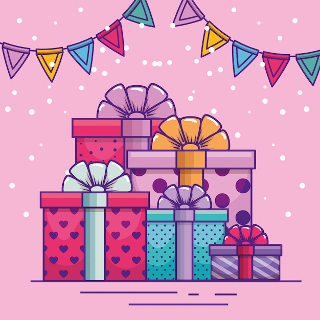 Vettore gratuito buon compleanno con regali e decorazioni per striscioni per feste