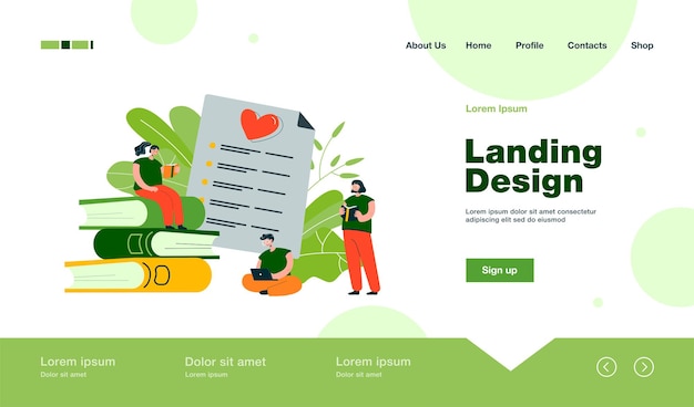 無料ベクター フラットスタイルで本のランディングページをランク付けする幸せな本の読者