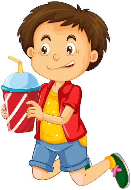 Free vector happy boy cartoon character holding a drink plastic cup