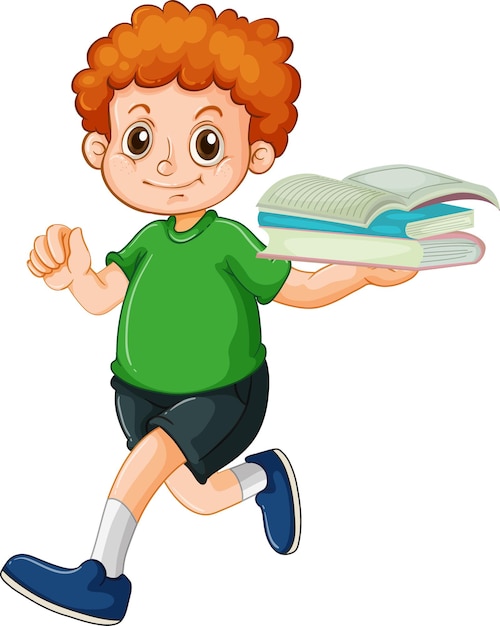 Happy boy cartoon character holding many books