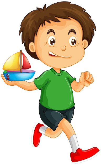 Happy boy cartoon character holding a toy ship