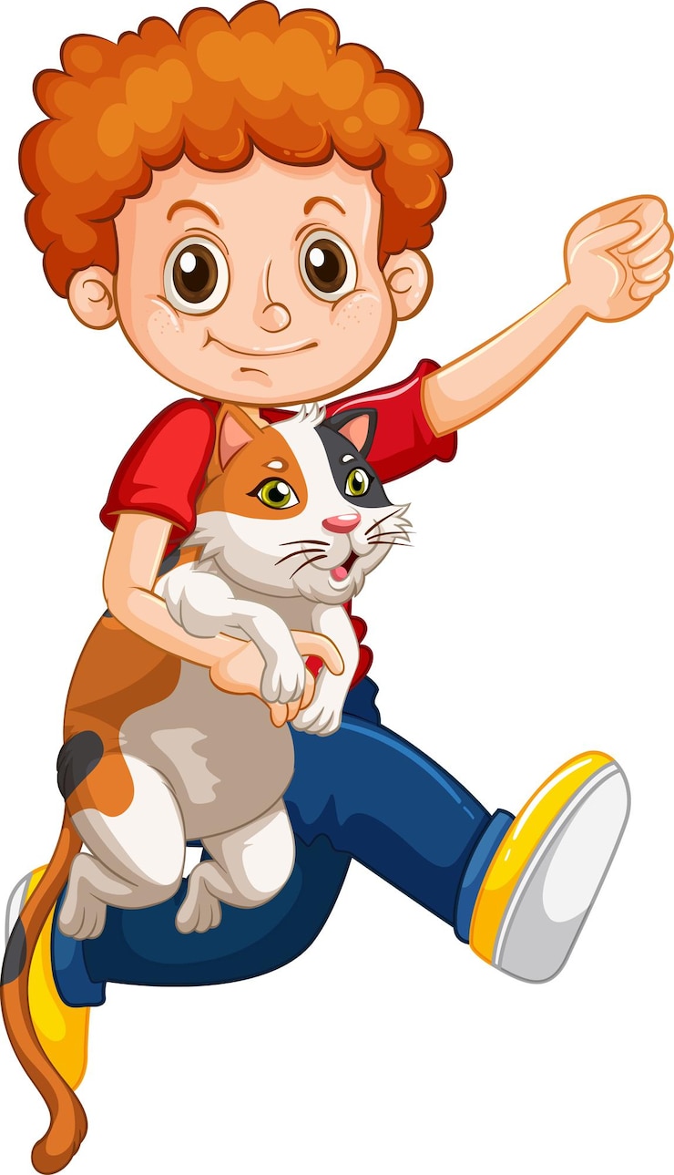 मुफ़्त वेक्टर happy boy cartoon character hugging a cute cat