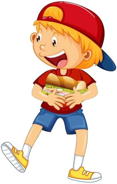 フード サンドイッチを抱き締める幸せな少年漫画のキャラクター