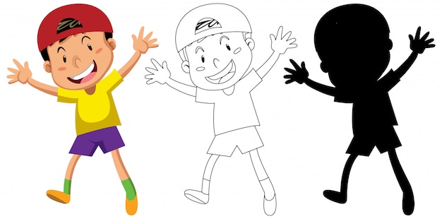 Free vector happy boy in color and in outline and its silhouette