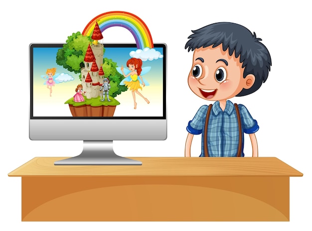 デスクトップ画面で妖精とコンピューターの横にある幸せな少年