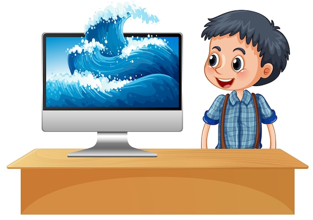 Free vector happy boy next to computer with waves on screen