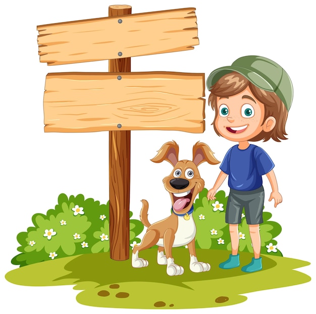 Free vector happy boy and dog by wooden sign