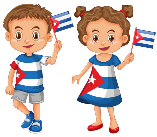 쿠바의 국기를 들고 행복 한 소년과 소녀