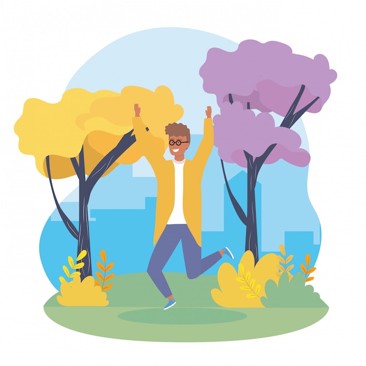Free Vector happy boy jumping with casual clothes and trees