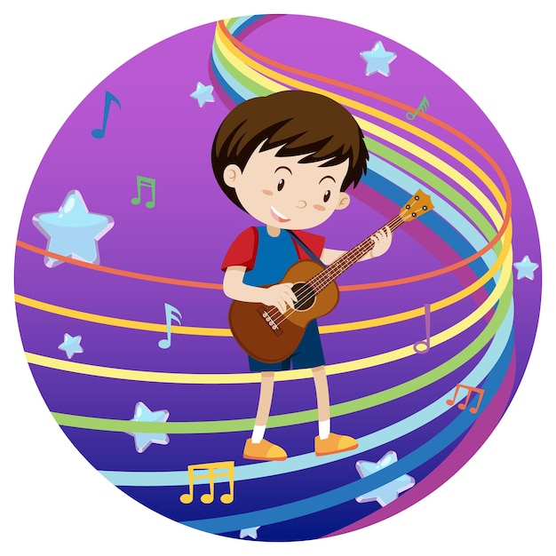 Счастливый мальчик играет на гитаре с радужной мелодией на синем и фиолетовом градиентном фоне
