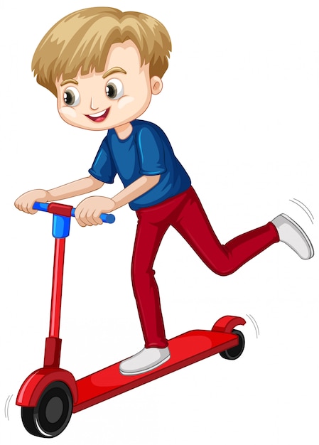 Free vector happy boy playing scooter on white