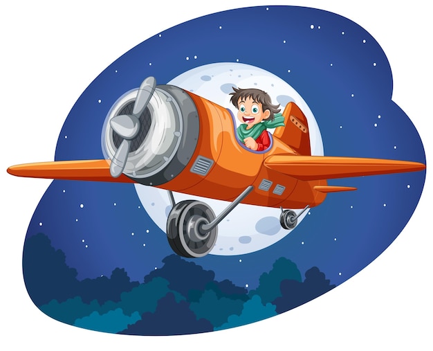 Free vector happy boy riding a plane at night