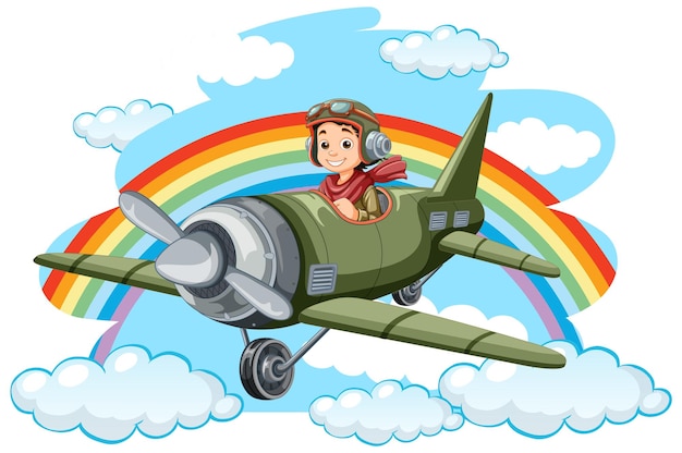 Free vector happy boy riding plane with rainbow in the sky