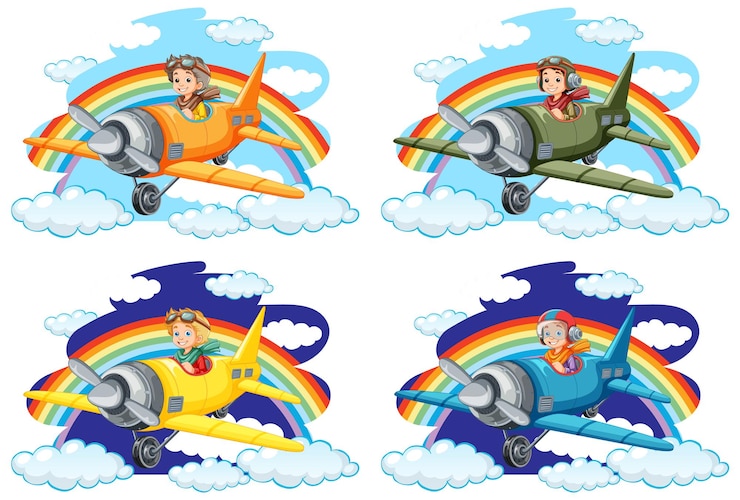 मुफ़्त वेक्टर happy boy riding plane with rainbow in the sky