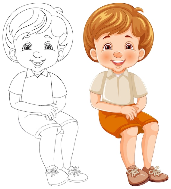 Free vector happy boy sitting color and line art