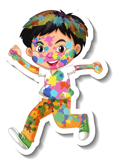 Happy boy with colour on his body sticker on white background