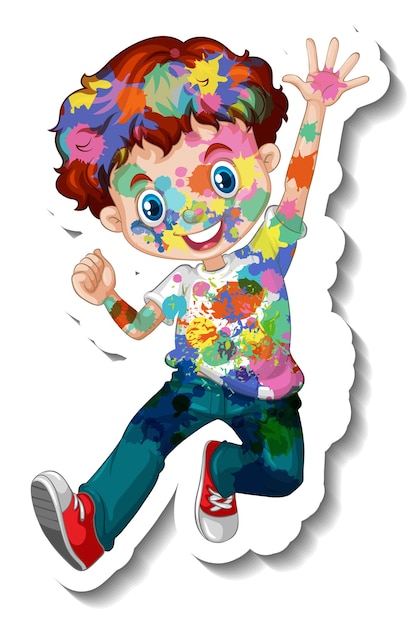 Happy boy with colour on his body sticker on white background