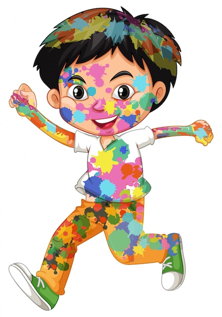 Счастливый мальчик с акварельными красками на теле