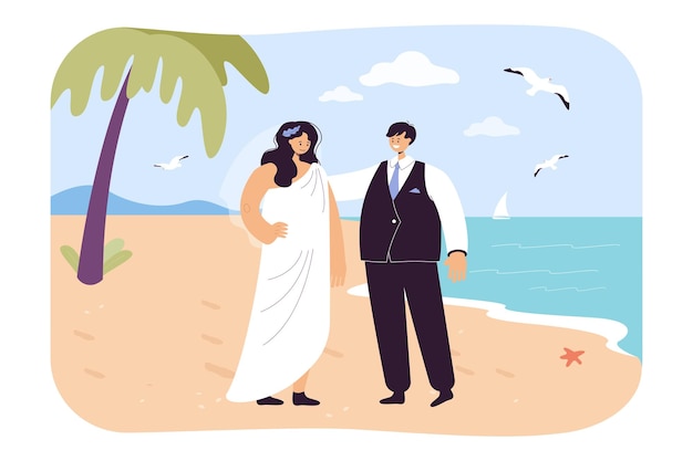 Happy bride and groom on beach flat vector illustration. Newlyweds having wedding ceremony on shore during summer vacation. Marriage, love concept for banner, website design or landing web page