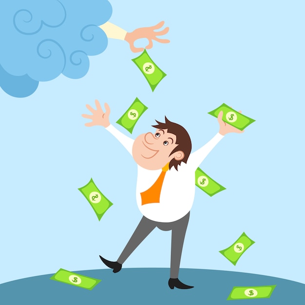 Бесплатное векторное изображение Счастливый бизнесмен персонаж стоит под денежным дождем после финансового успеха