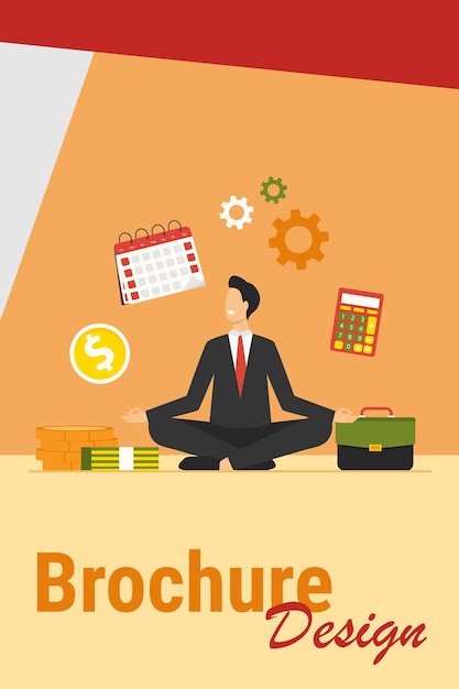 Free vector happy businessman doing yoga at work. employee in suit sitting in lotus pose and keeping hands in zen gesture. vector illustration for relaxation, stress relief, focus, concentration, balance concept