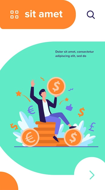 Free vector happy businessman earning money flat vector illustration. cartoon millionaire or banker holding huge coin