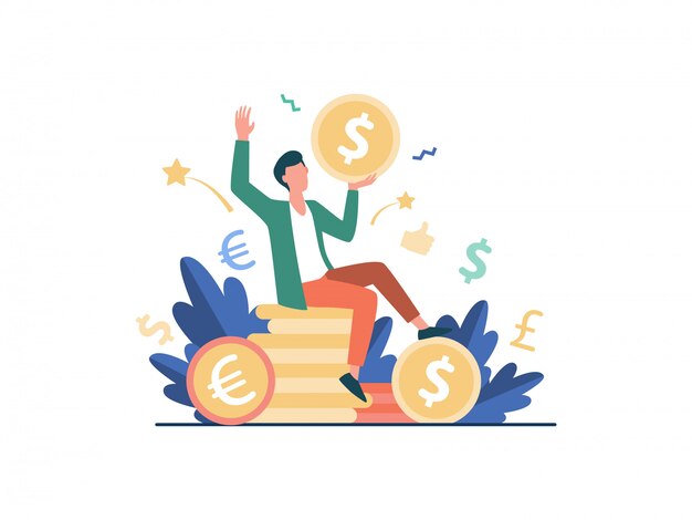 お金のイラストを稼ぐ幸せなビジネスマン