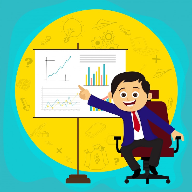 मुफ़्त वेक्टर  happy businessman explaining business idea or plans through presentation. 