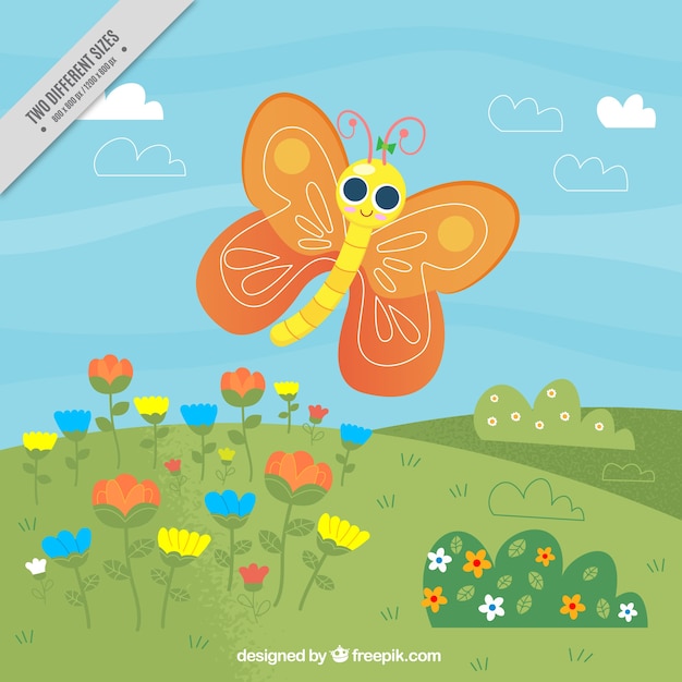 Free vector happy butterfly background in the field