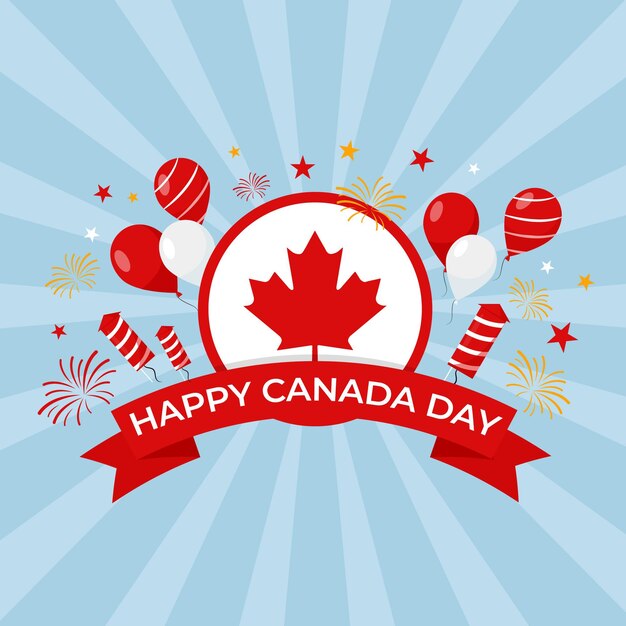 Free vector happy canada day with balloons and fireworks