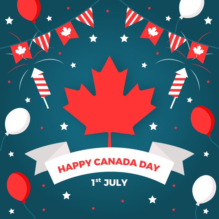 Free Vector happy canada day with fireworks and balloons