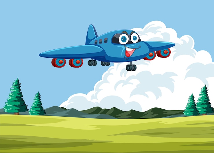 Free Vector happy cartoon airplane above fields
