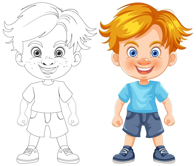 Free vector happy cartoon boy before and after coloring