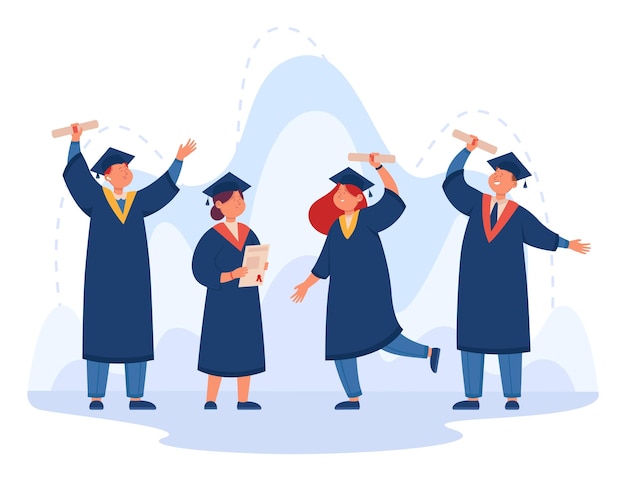 Happy cartoon college or university students holding diplomas. people getting degree, certificate, academic success flat vector illustration. education, graduation concept for banner, website design