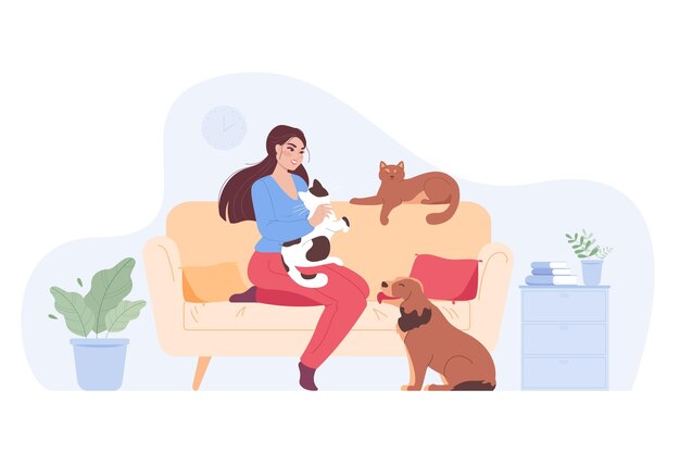 自宅のソファでペットと遊ぶ幸せな漫画の女性。犬と猫の飼い主は、居心地の良い部屋のフラットベクトルイラストのソファで笑顔でリラックス。家畜、愛、バナーのケアコンセプト