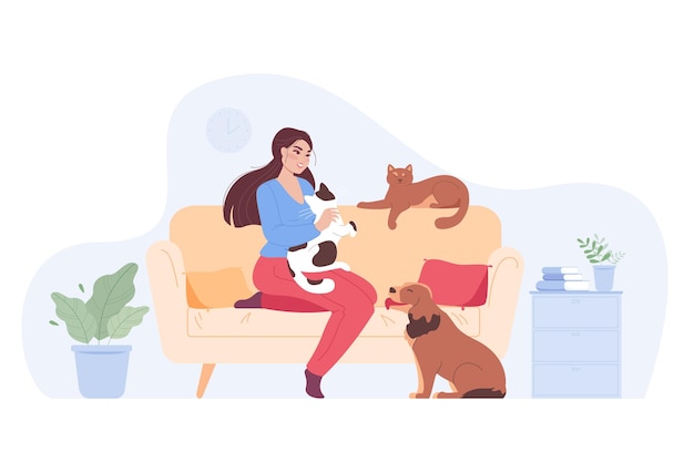 Счастливая мультяшная женщина играет с домашними животными на диване дома. Владелец собак и кошек улыбается и отдыхает на диване в уютной комнате с плоской векторной иллюстрацией. Домашние животные, любовь, концепция ухода за баннером