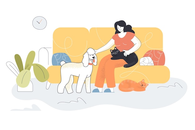 Free vector happy cartoon woman sitting on couch with pets