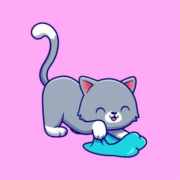 Free vector happy cat playing slime cartoon . animal love icon concept isolated . flat cartoon style