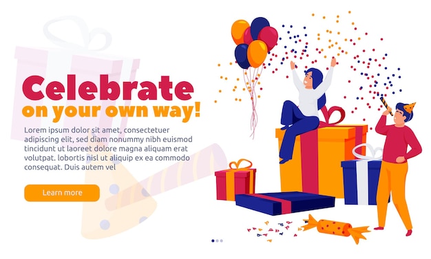 Free vector happy celebration people with with gift boxes confetti