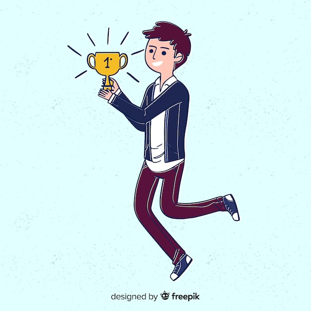 Happy character winning prize with flat design