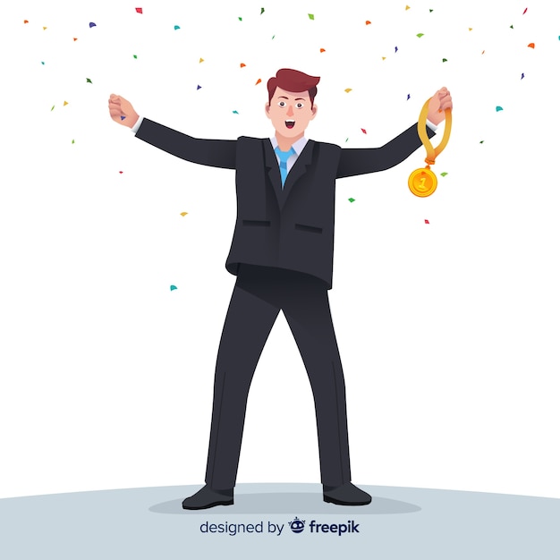 Happy character winning a prize with flat design