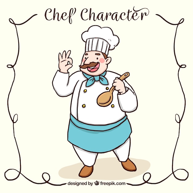 Happy chef character with wooden spoon